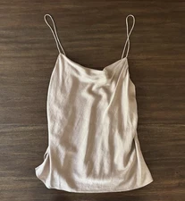 Cami NYC Silk Top Women’s Medium Beige Taupe Cowl Neck Spaghetti Strap Stretch 