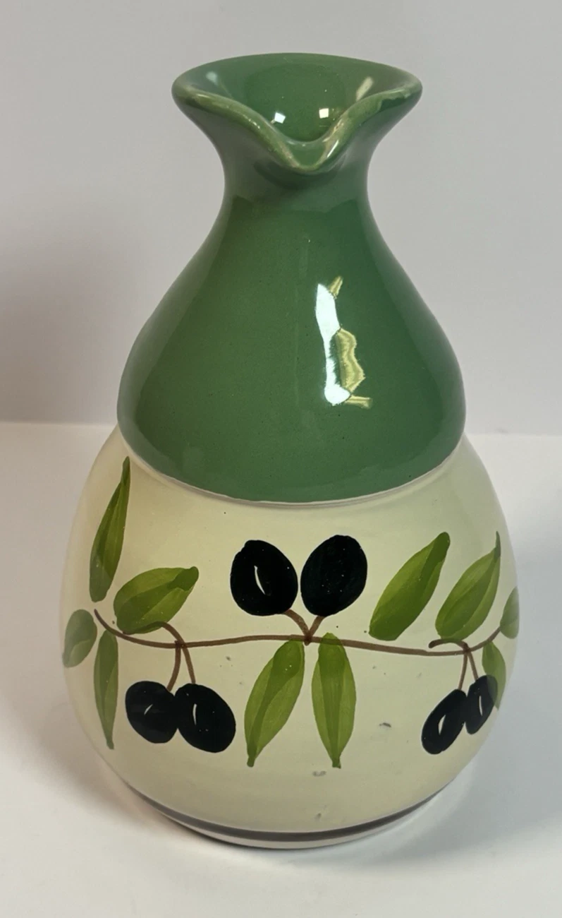 Galantino Italian Pottery Olive Oil Cruet Pitcher Hand Painted Olives 7”