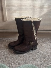Caterpillar Dark Brown Leather Faux Fur Trim Buckle Mid Calf Biker Boots - UK 4