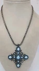 Vintage Blue Milk Glass Silver Tone Cross Pendant Necklace W/Faux Turquoise 22"