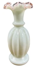 Fenton White Vase White Cased Interior Pink Crest Ruffle Edge Ribbed Vintage