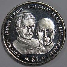 LIBERIA STAR TREK CAPTAIN KIRK & PICARD 1995 $1 DOLLAR COMMEMORATIVE COIN ⬅️