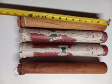 4 Antique  Wood Thread Spools 2 Hand Painted Santa 