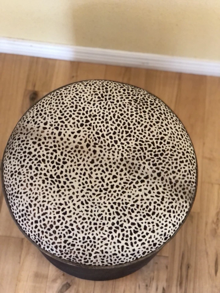 Custom Made Modern Drum Ottoman w/Cowhide Cheetah Print & Velour - Image 2 of 4