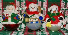 SANTA, PENGUIN, 2 SNOWMEN Traditions Collectible Glass Christmas Ball Ornaments