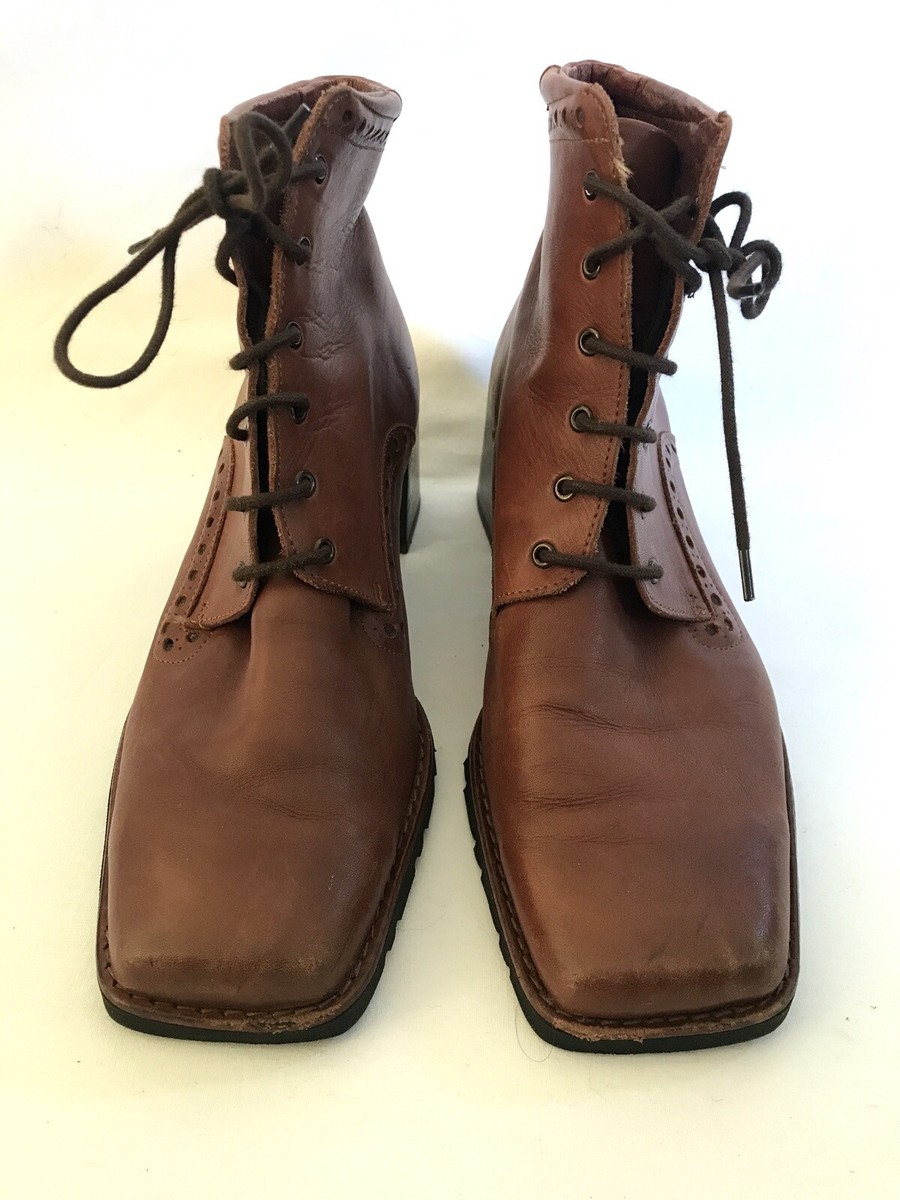 Vintage 90s Pikolinos Italy Leather Square Toe Lace Block Heel Ankle Boots 