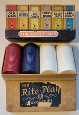 Vintage 1930s Library of Games  Russell Mini Cards and 100 Rite-Play Poker Chips