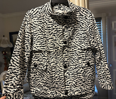 veronica beard notched jacket 8 black white animal print cotton blend