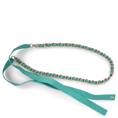 71821 auth CHANEL turquoise leather 20C BOW & CHAIN Belt One Size