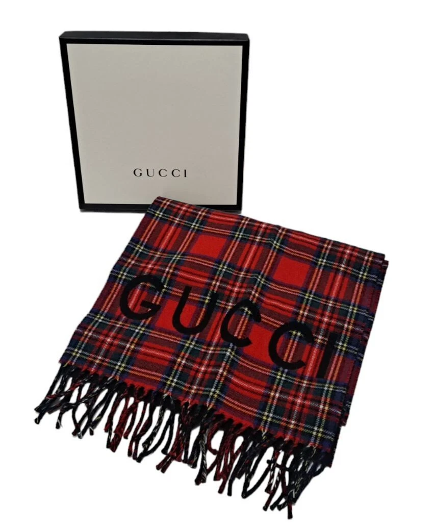 Gucci scarf logo tartan check reversible men's women's GUCCI wool black Red