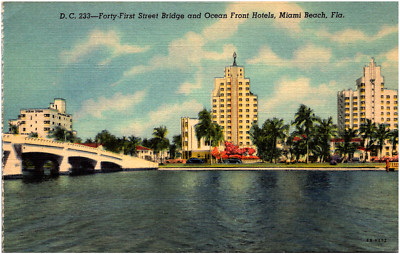 Forty First Street Bridge and Ocean Front Hotels Miami Beach Florida Postcard