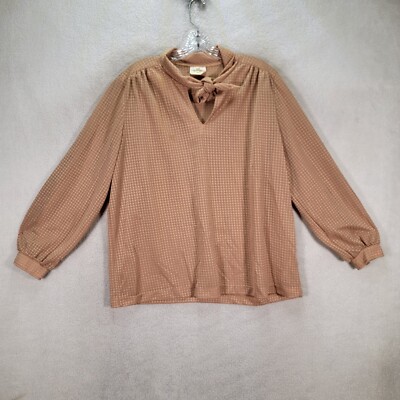 Vtg The Fire Islander Beige Check Tie Neck V Neck Top Women Blouse Plus Size 2XL