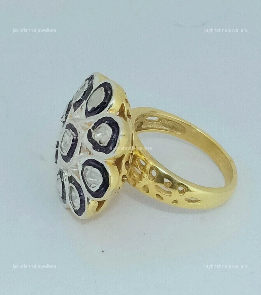 Anillo de cóctel de diamantes Polki, plata 925 hecho a mano oro pulido floral delicado anillo Foto 3 de 4