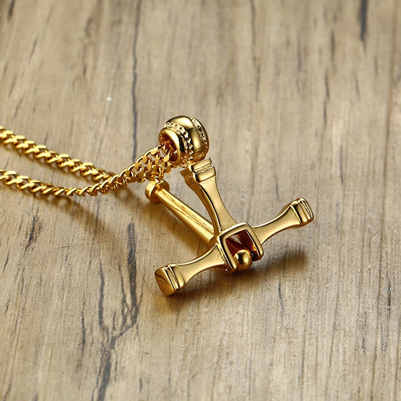 Gold Baseball Bat Cross Design Pendant Men Necklace Chain Sport