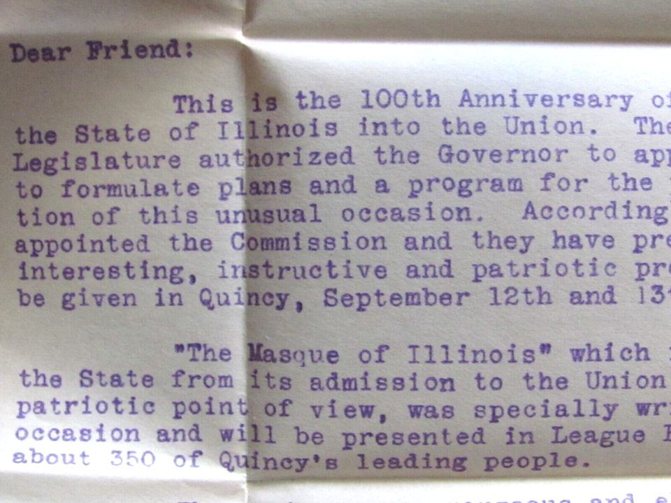 1918 J STERN CLOTHING QUINCY IL LETTER PLAY THE MASQUE OF ILLINOIS 100