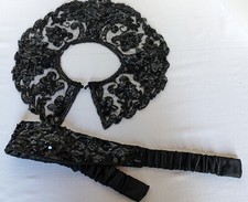 Vtg Black Elegant Beaded Sequin Floral Collar with Matching Stretch Belt M/L