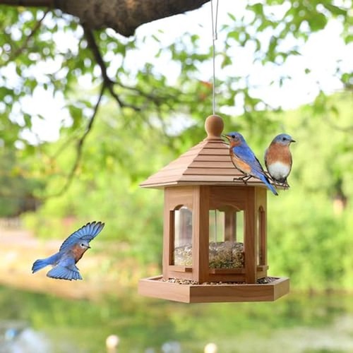 Hanging Wooden Bird Feeder Large Capacity Weatherproof Durable Red Cedar Hexagon - Picture 3 of 8