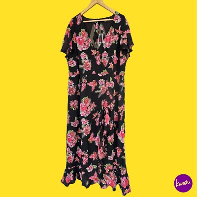 LOVEDROBE Damen Blumen Wickel Maxi Kleid, V-Ausschnitt, Peek-a-Boo Rücken, schwarz, UK 26