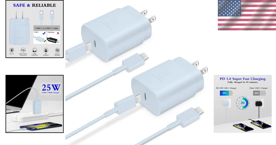 Fast Charging 25W Type C USB Charger with 6ft Cables - Ideal for Galaxy Devices - Image 2 of 4