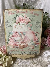 French Rose  Bakery, Teapot Cakes Shabby Chic Handcrafted Plaque / Sign