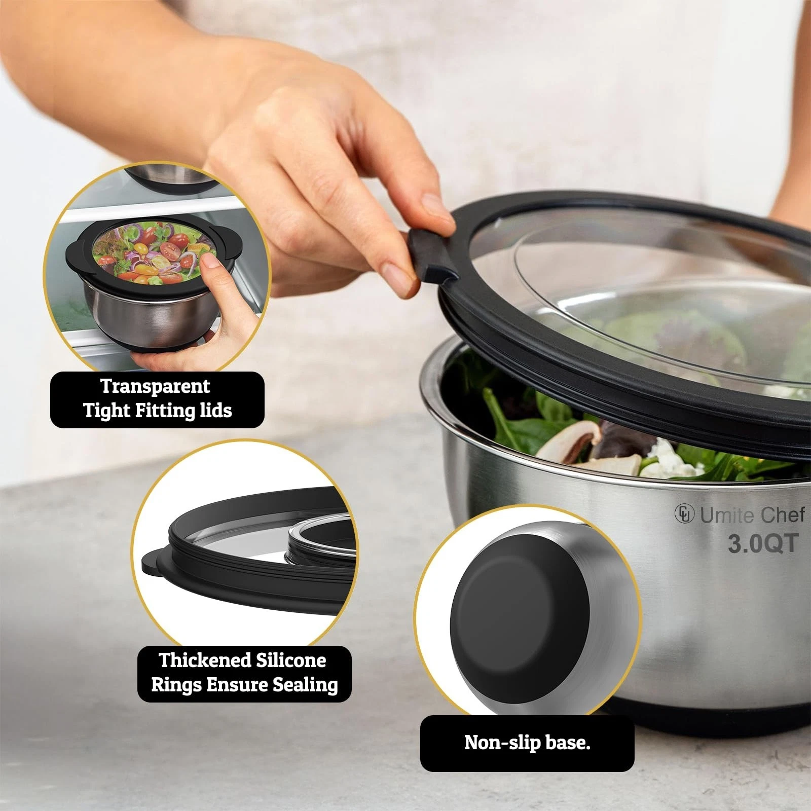 Mixing Bowles Set with Lids Set - Warp-Proof TPR-AS Lids, Stainless Steel Mixing Bowl with 3 Graters & Measuring Lines, Non-Slip Bowls for Baking, Prep, Airtight Food Storage (Khaki 5/3/2/1.5/0.63QT) - Thumbnail 5