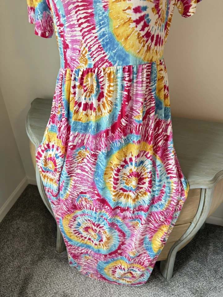 Maxi Camiseta Vestido Grecerelle Tie Dye 2X Jersey Corto SL Colorido Arte Bolsillos Foto 3 de 4