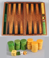 Antique Early 20thC Wood Inlaid Backgammon Gameboard Bakelite Chips & Dice