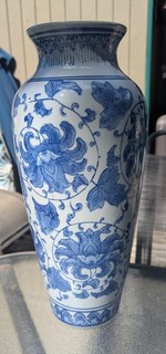 Large 15.75" Chinese Blue and White Porcelain Baluster Vase Floral Chinoiserie