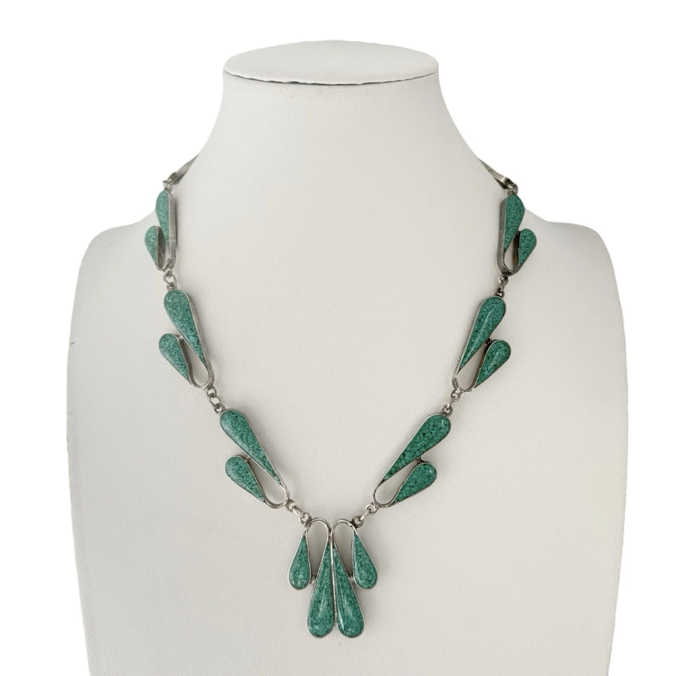 Mexican Alpaca Silver Turquoise Black Enamel Reversible Necklace Earrings Set - Image 3 of 4