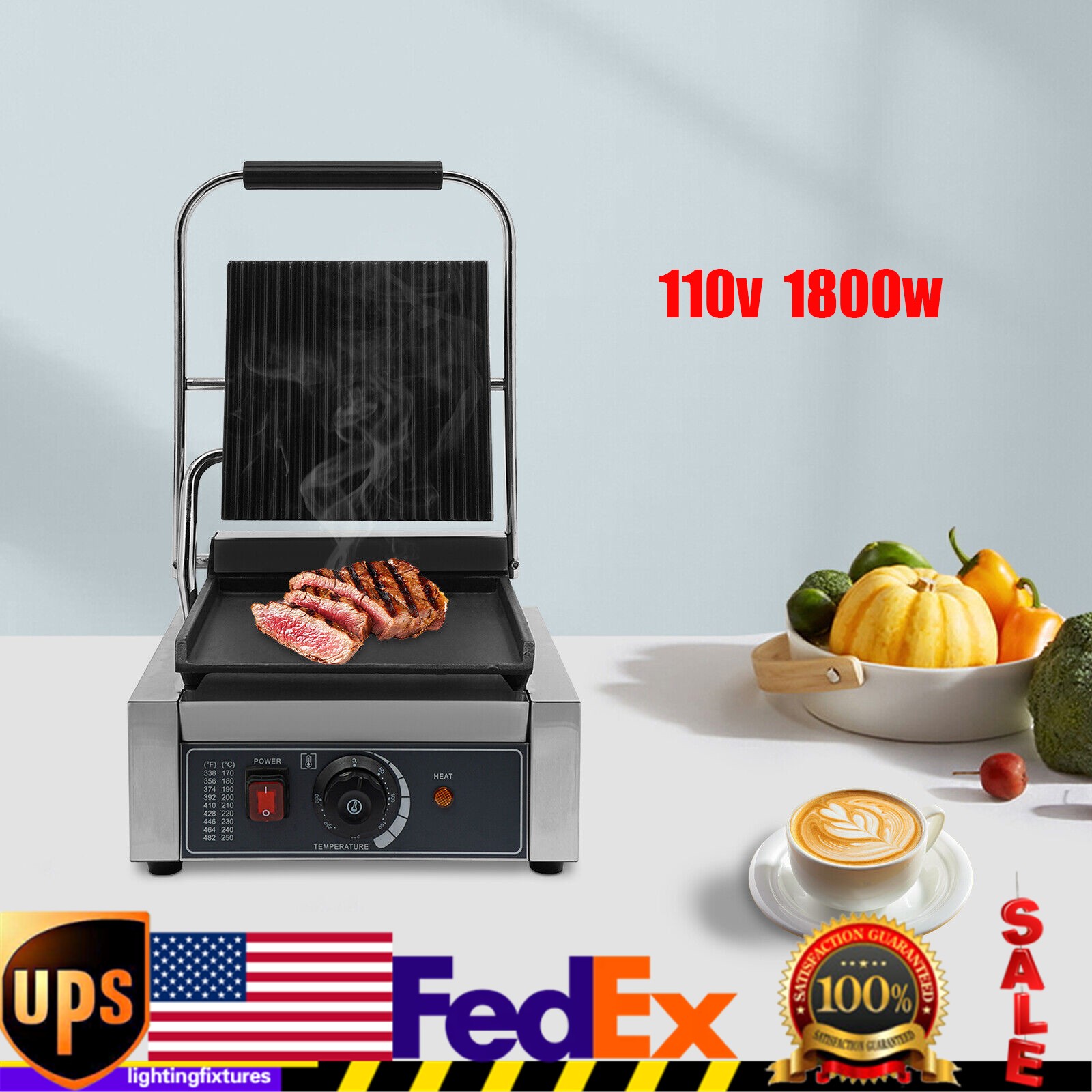 Commercial Panini Press Grill Electric Sandwich Maker Griddle Plate 8"x9" 1800W