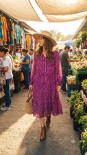 Beachlunchlounge XL Magenta Paisley Boho Tiered Midi Dress Long Sleeve Tassel