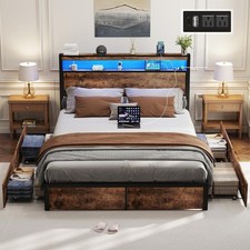Full/Queen LED Bed Frame with 2-Tier Storage Headboard＆Charging Station