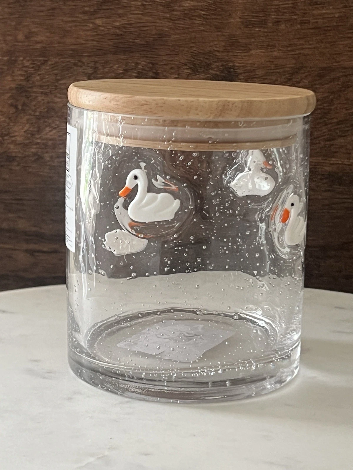 Swan Icon Glass Canister Jar Wooden Lid NEW Anthropologie Dupe 16.9oz