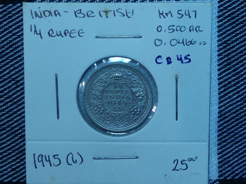 CB45: INDIA-British, 1/4 RUPEE, 1945 (b) 0.500 Silver, 0.0466 oz
