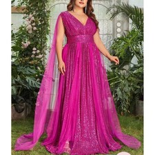 Faeriesty Womens 3XL Magenta Pink Sequin Mesh Streamer Maxi Formal Dress Gown