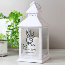 Image of Personalised Mr & Mrs White Lantern LED Candle Wedding Gift Newly Wed Gift