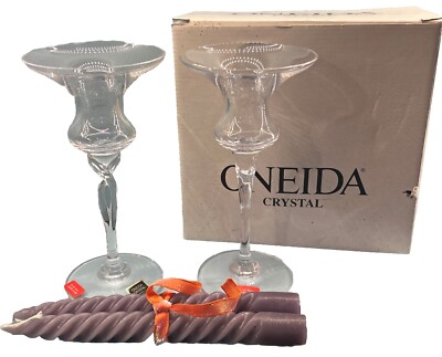 Oneida Crystal Toujours Pair of Candlesticks and bonus 2 grey candles.