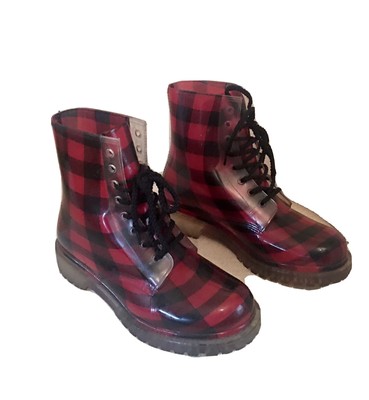red plaid rain boots