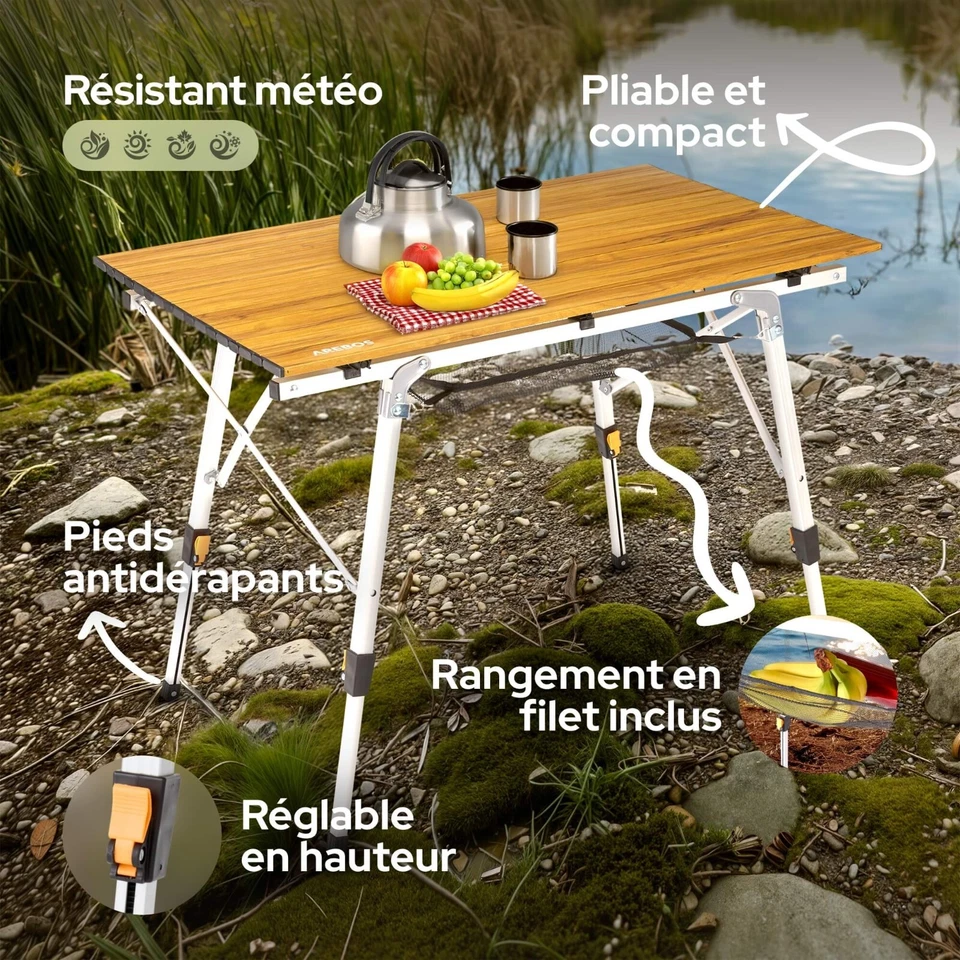 AREBOS Table de camping 120 x 70 cm Table à roulettes en aluminium Table pliante - Photo 3/4