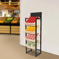 4 Tier Retail Display Rack Stand Metal Wood Fruit Vegetable Display Organizer