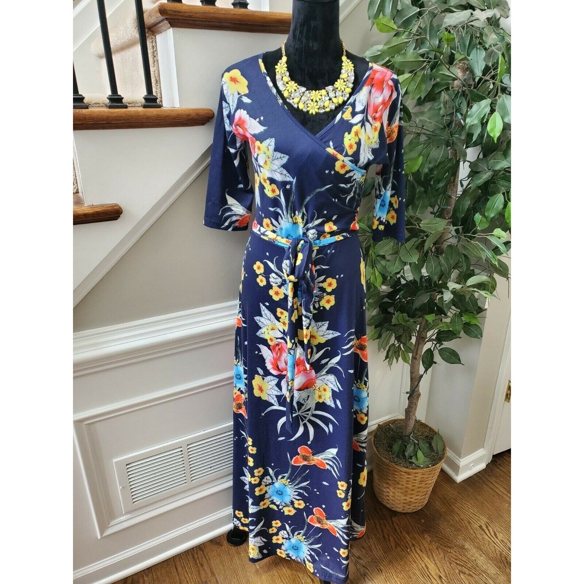 Kranda Women's Blue Floral Polyester V-Neck 3/4 Sleeve Long Maxi Dress Size  S | eBay