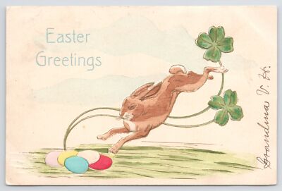 German~PM 1906~Easter Greetings Signed By Grandma VH On Front~Rabbit~Eggs~Vtg PC