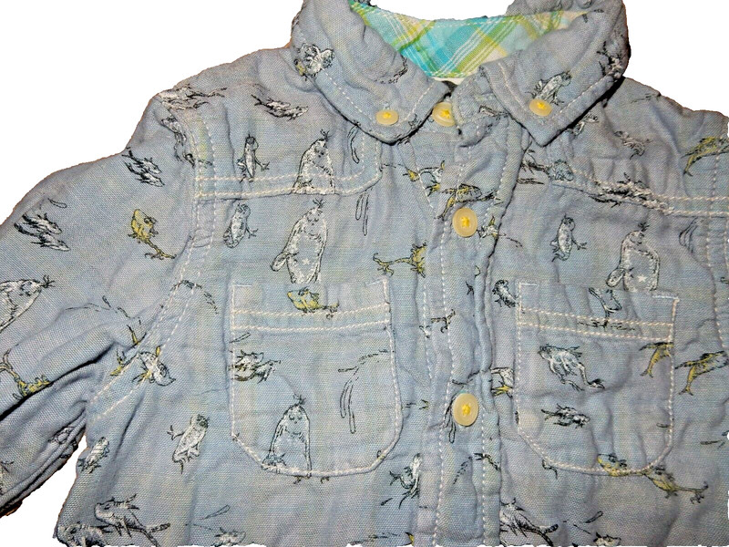 6L !WOW! Boys 2T Dr. Seuss FISH Button Up Long Sleeve Denim/Plaid Shirt Top