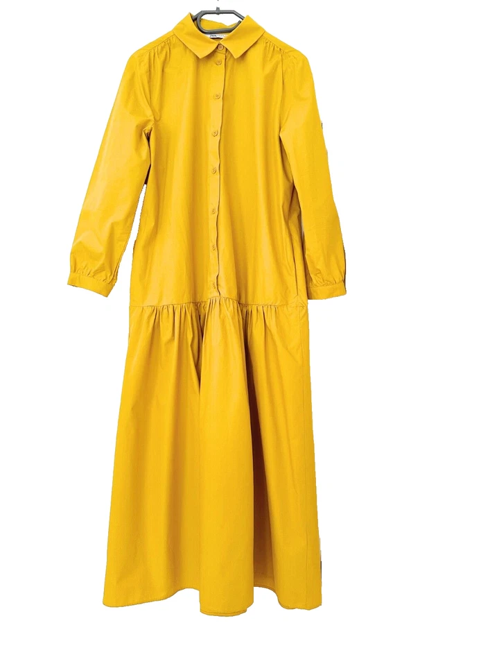 Zara Coton Poplin Maxi Robe Chemisier Jaune Moutarde Deux Poches Taille S - Photo 1/4