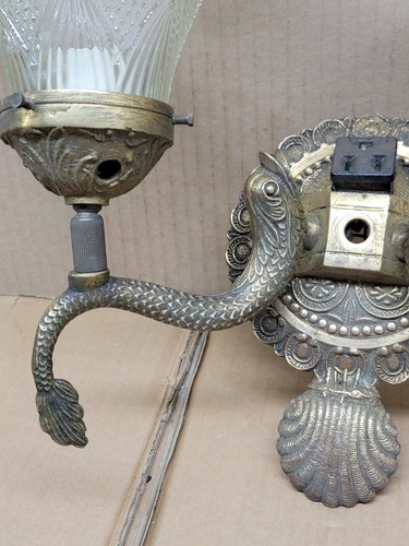 Vintage Cast Bronze Koi Fish Wall Sconce Electric Light Fixture w/ Glass Shades - Picture 2 of 18