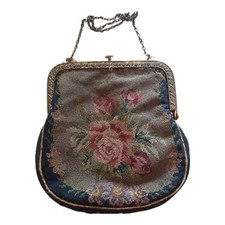 Antique Embroidery Needlepoint Petit Point Floral Clutch Handbag Coin Purse Read