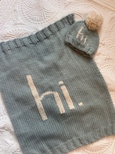 Baby Hat and Blanket Knit Blue/White Pom Pom "hi" Text