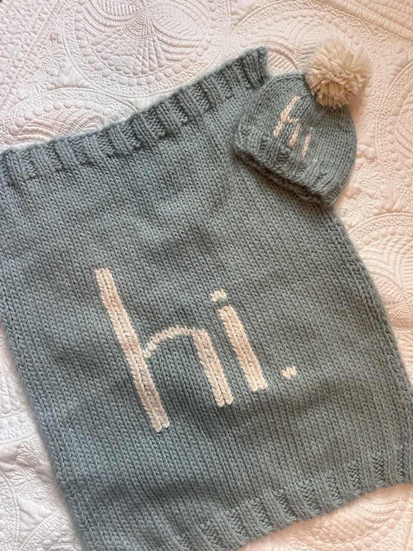 Baby Hat and Blanket Knit Blue/White Pom Pom "hi" Text