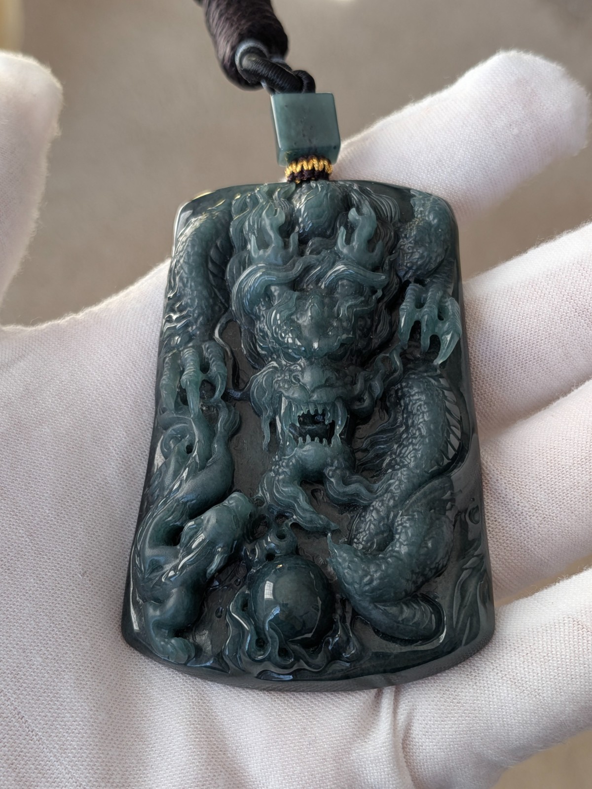 Hand-Carved Natural  Blue Jadeite Jade Chinese Dragon Pendant Amulet necklace