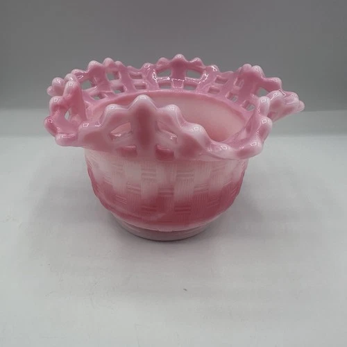Fenton Basketweave Ruffle Top Articulated Dusty Rose Vintage Dish Marked Fenton